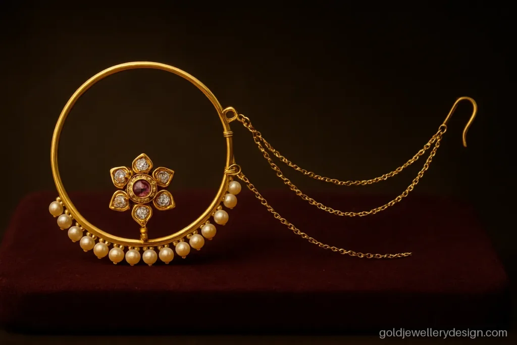 Bridal gold nathiya design with floral stone panel and twin gold chains
