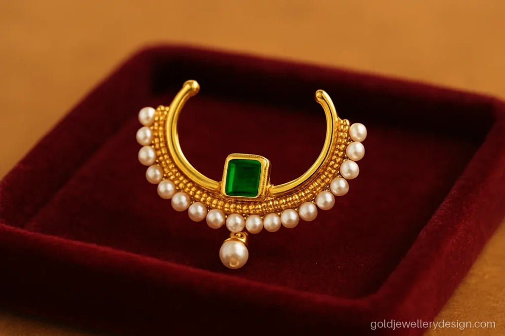 Curved pearl gold nath with a green stone and pearl drop at the tip