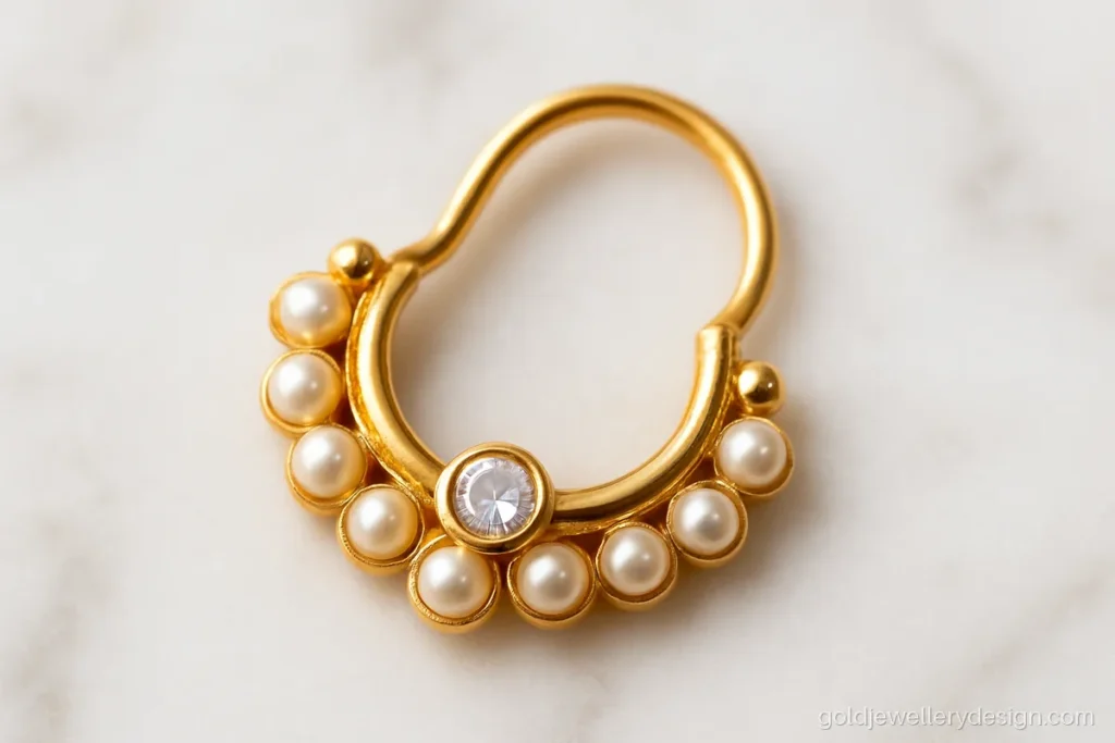 Small curved pearl nath for daily wear with one white stone