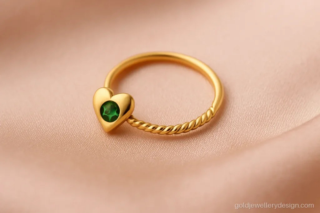 Gold nathiya design for girl with tiny heart and green stone