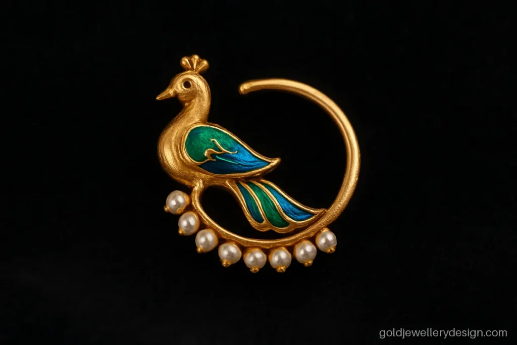 Gold mor nath design with peacock body and green blue enamel tail