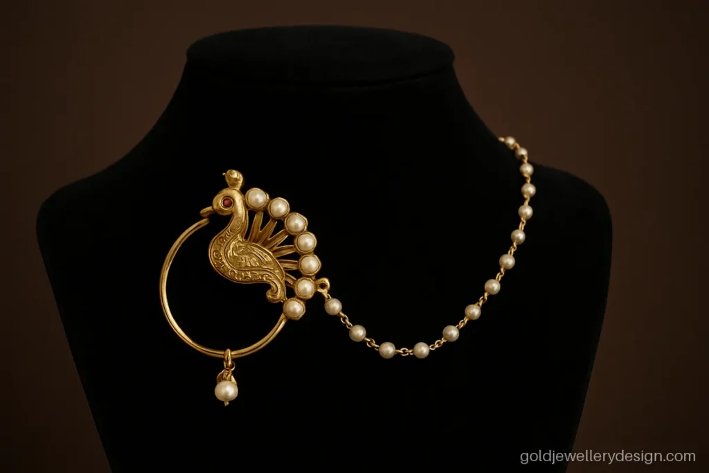 Bridal gold mor nath with pearl tail and a pearl chain to the hair