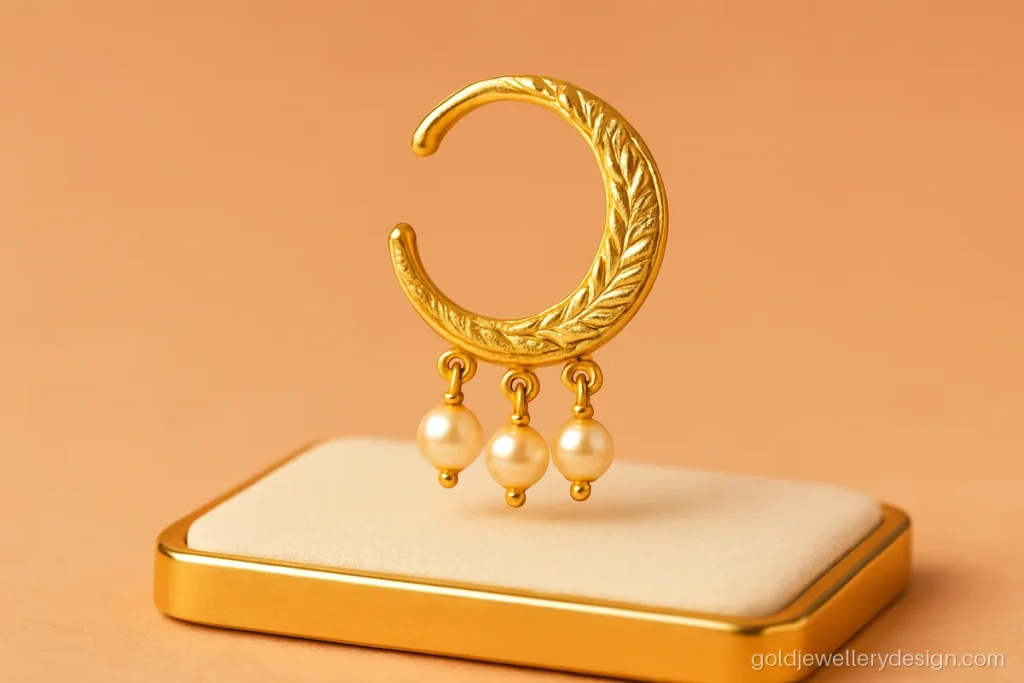 3 gram gold nath design with leaf pattern and hanging pearl drops