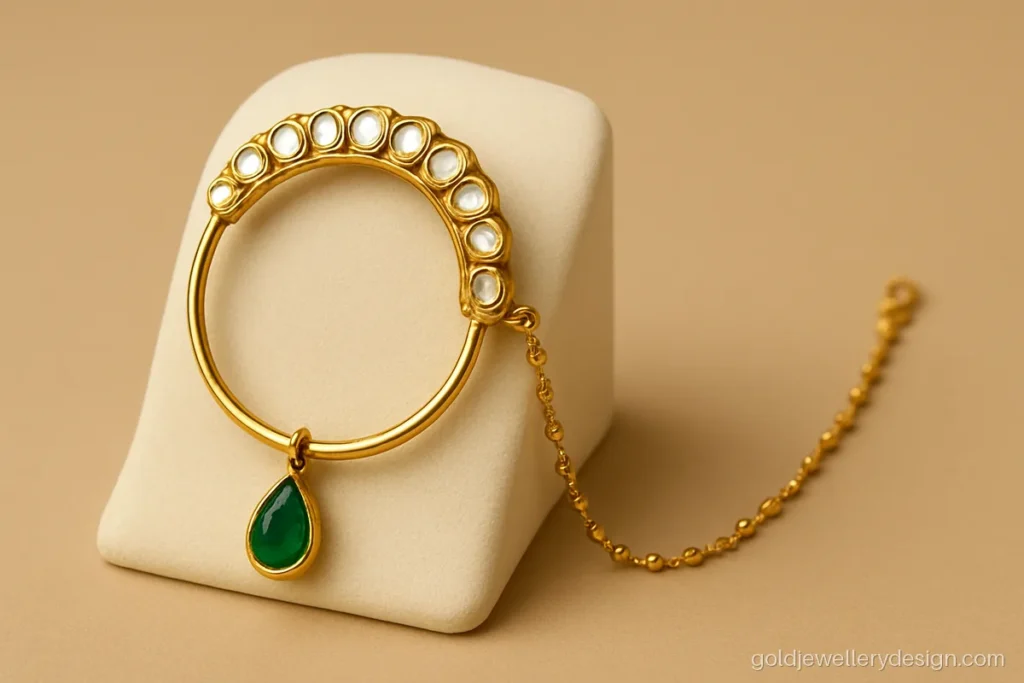 Wedding gold nath design with kundan style stones and a hanging drop