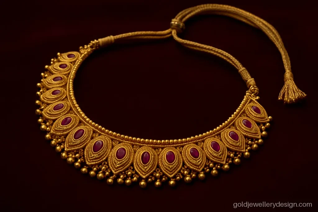 Bridal gold necklace design with mango motifs, ruby drops and a broad front panel