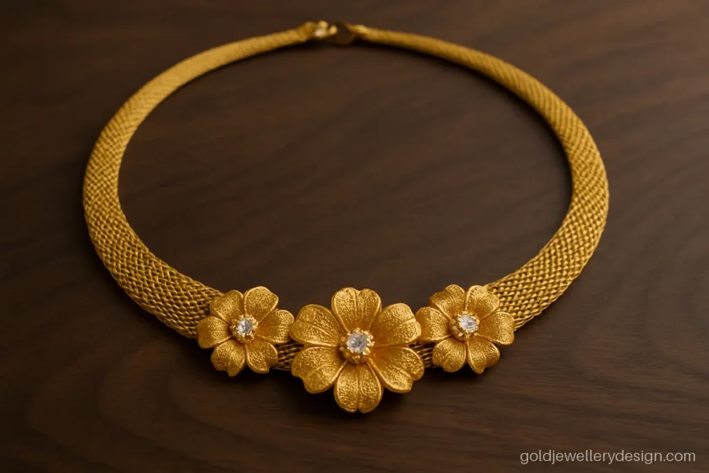 Light weight dubai gold necklace with a soft mesh collar and textured flowers