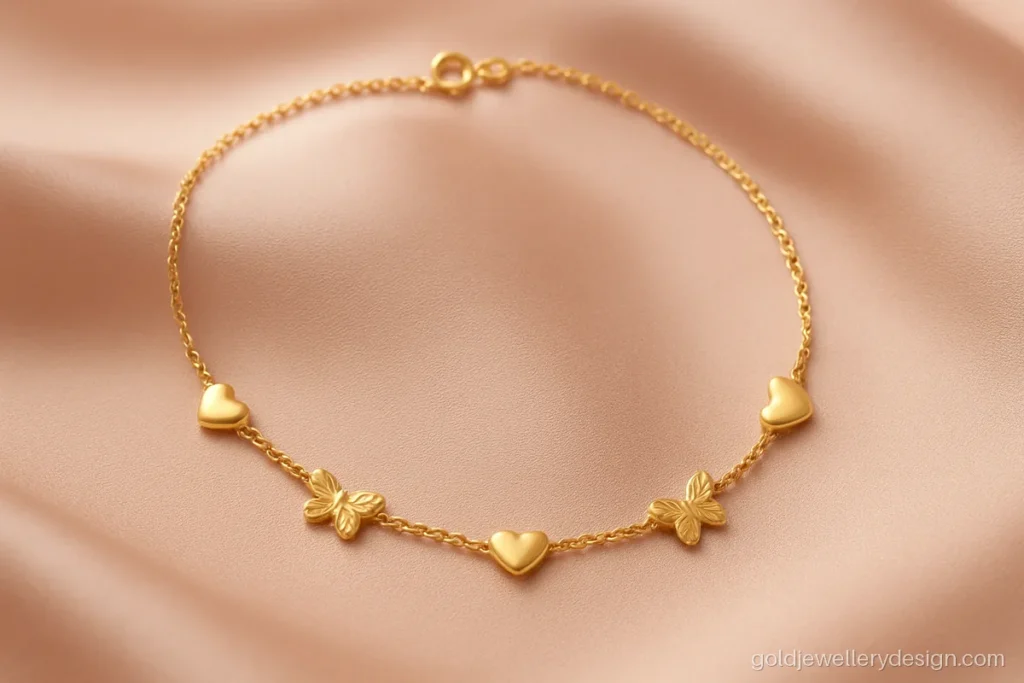 Gold necklace design for girl with tiny hearts and butterflies on a short chain