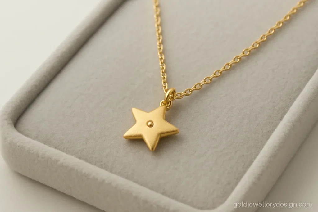 Simple girls gold necklace with a small star pendant on a velvet tray