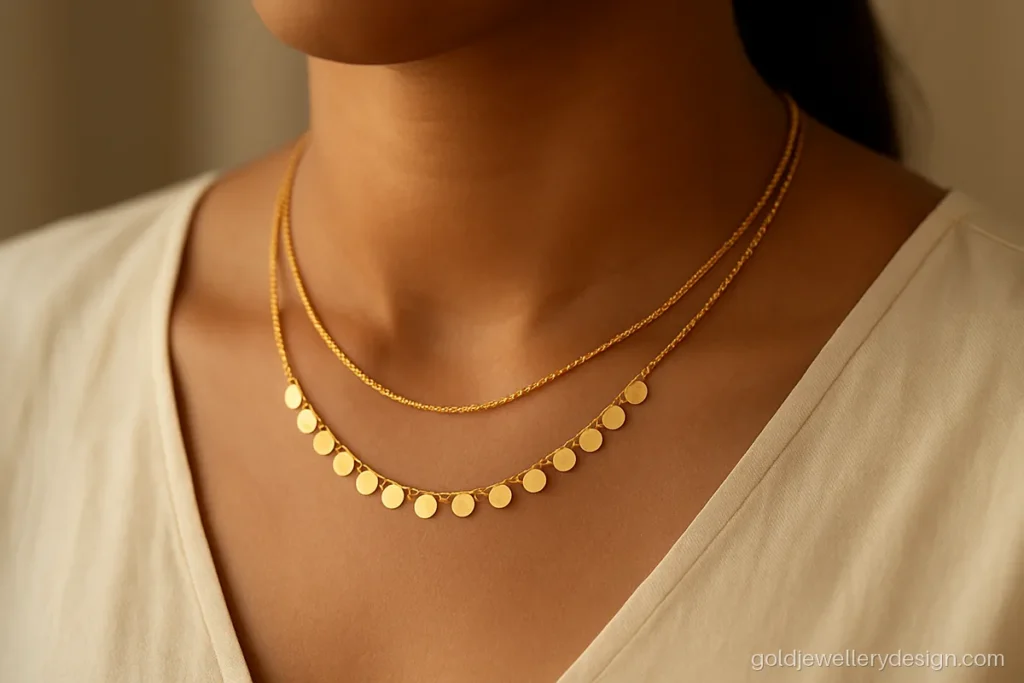 Double layer gold necklace design latest style with tiny coins worn with a v neck