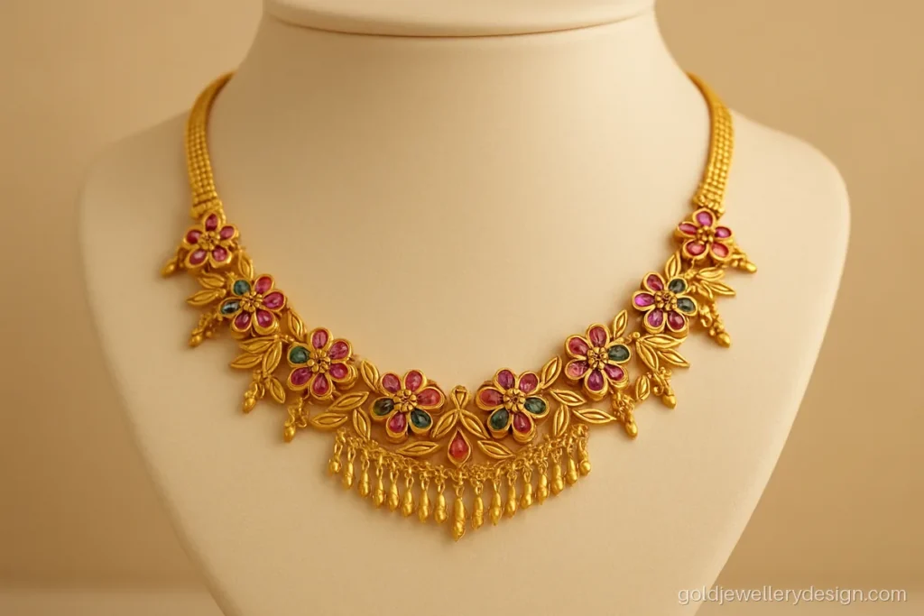 New design gold necklace with small enamel flowers in pink and green on a display stand