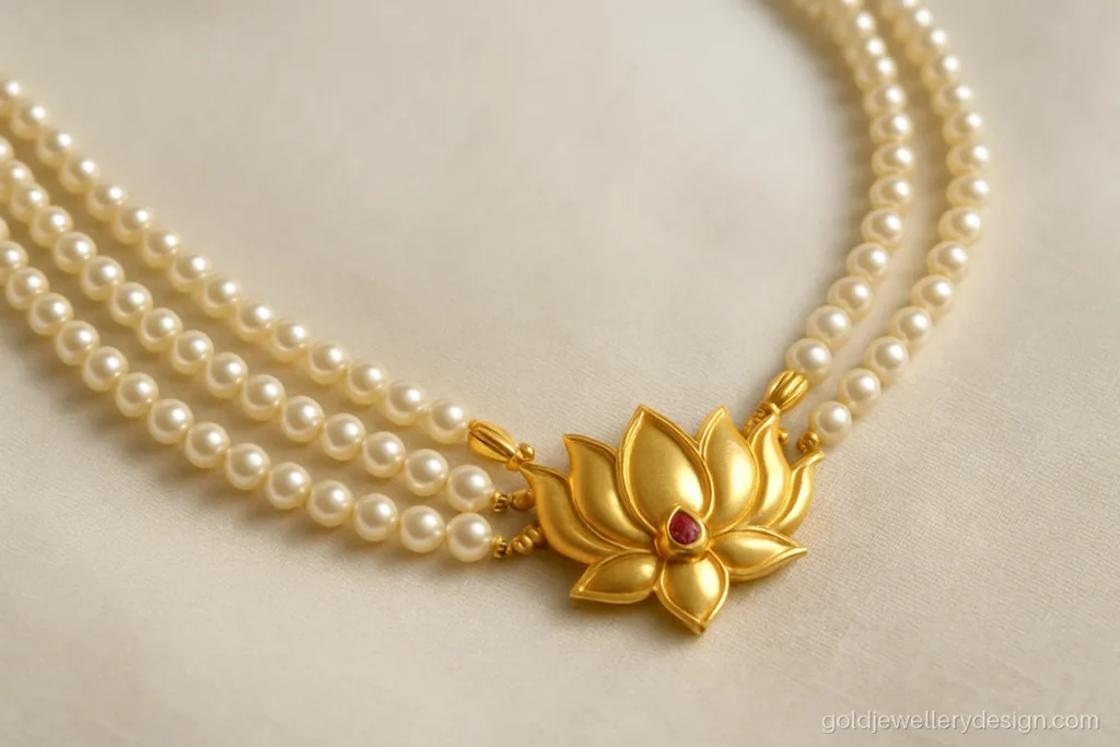 Pearl gold necklace design with three strings of small pearls and a gold lotus centre