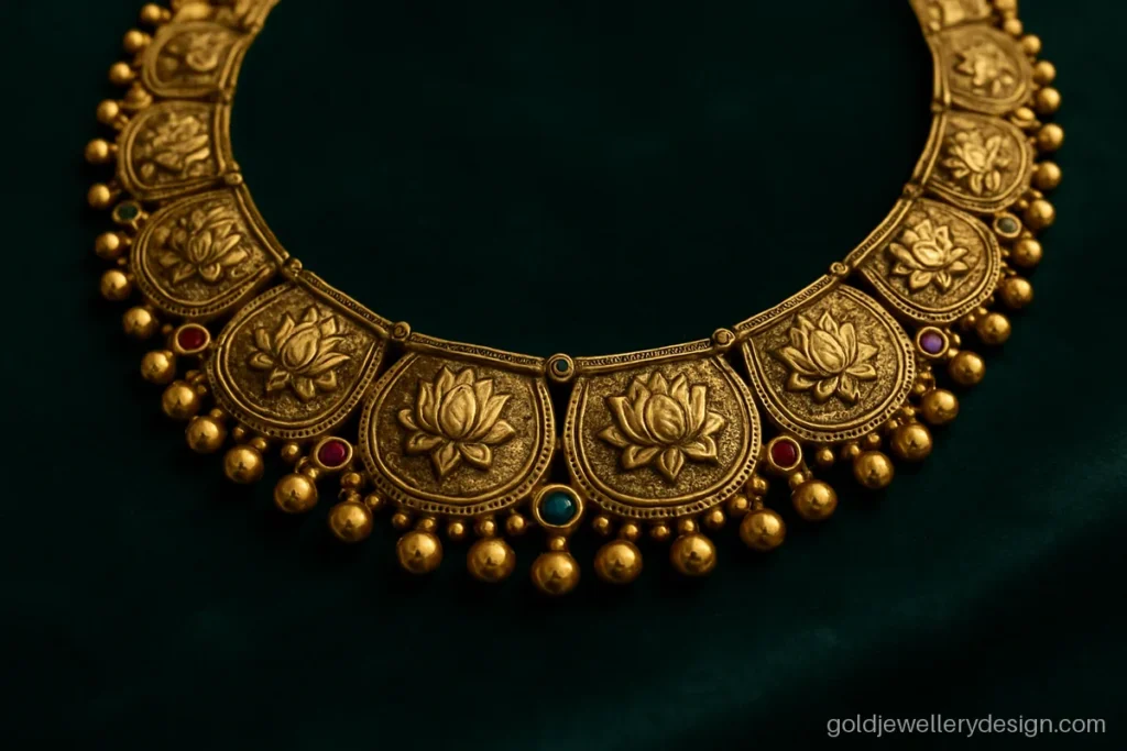 Temple necklace gold design with arch panels, lotus motifs and an antique matte finish