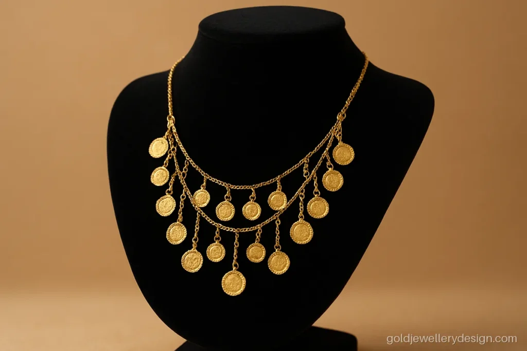 Turkish design gold necklace with three rows of small coins and chain fringe