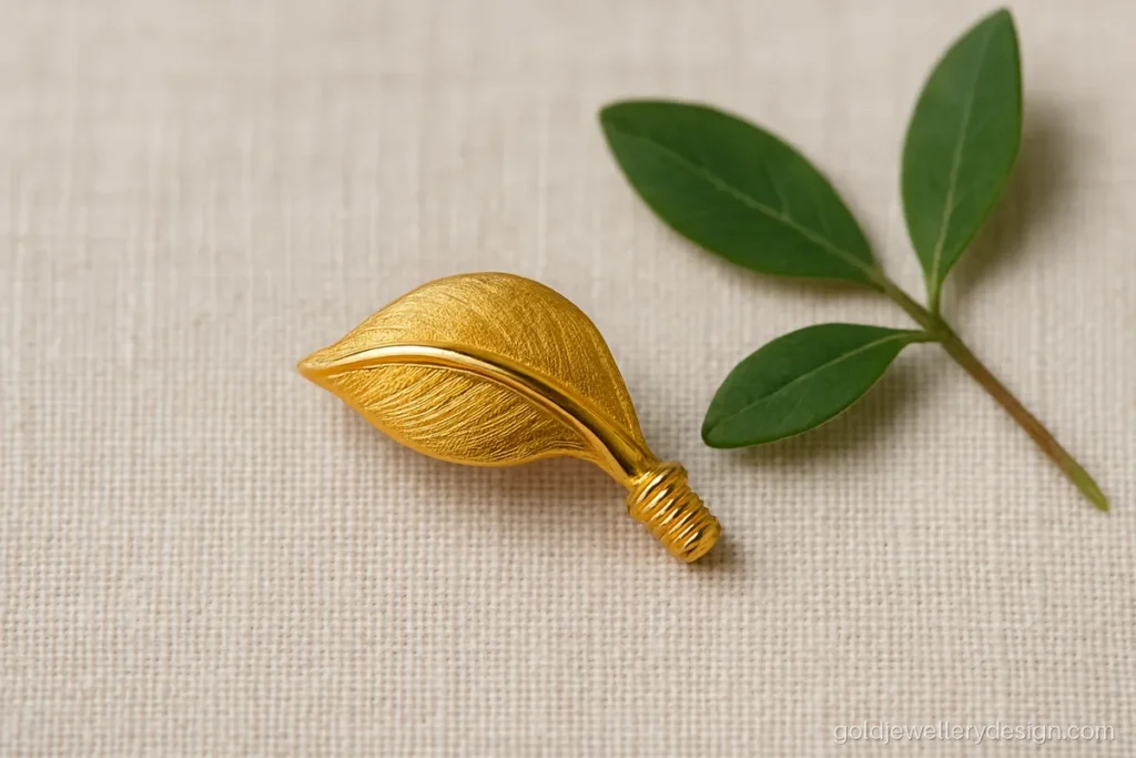 Curved gold leaf nose pin that wraps the nostril side, textured finish
