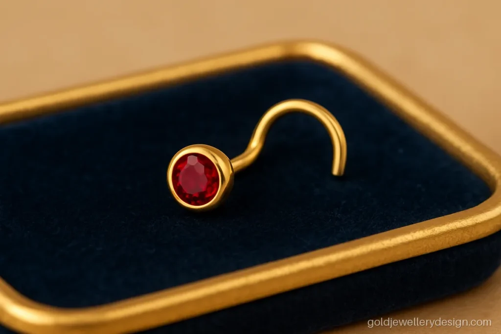 Round gold nose stud with a deep red ruby in a smooth bezel setting