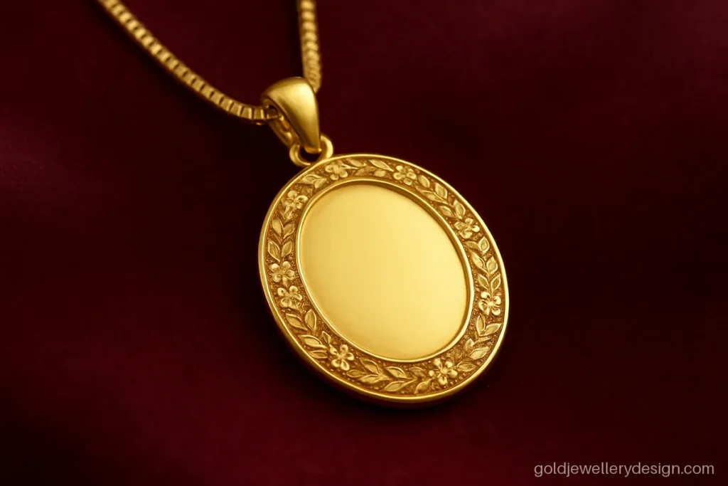 Name dollar design in gold with a blank oval centre and small floral border