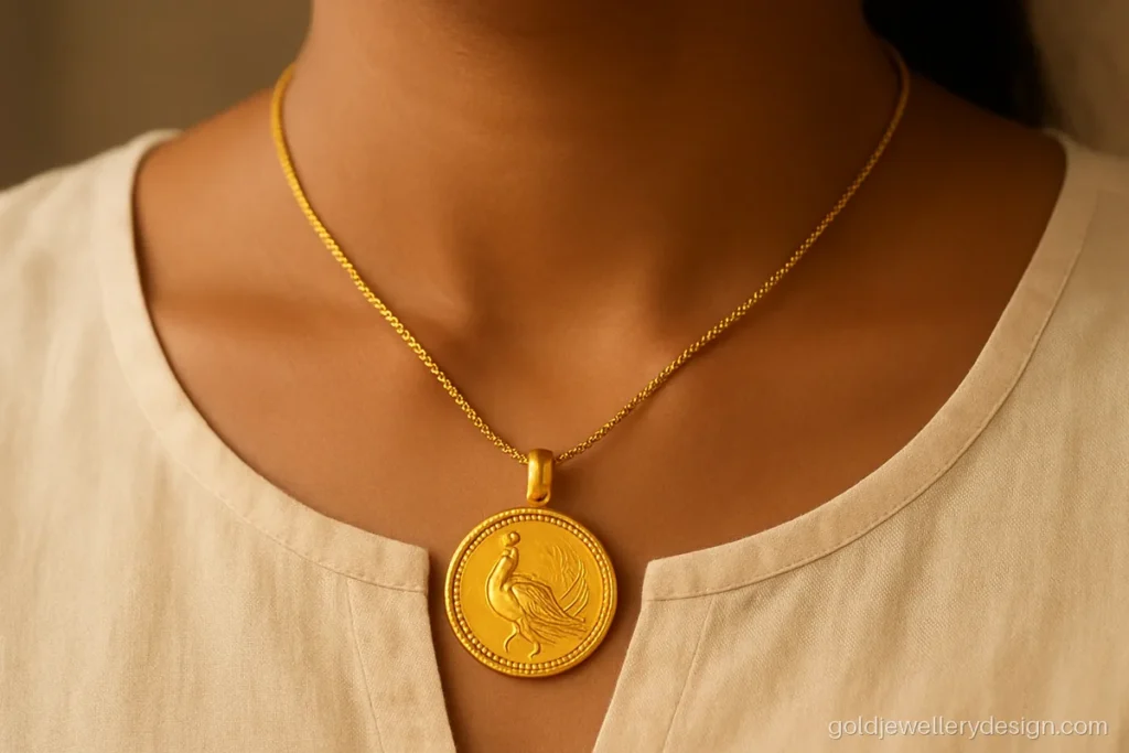 Gold dollar design with a peacock in the centre and a beaded coin rim