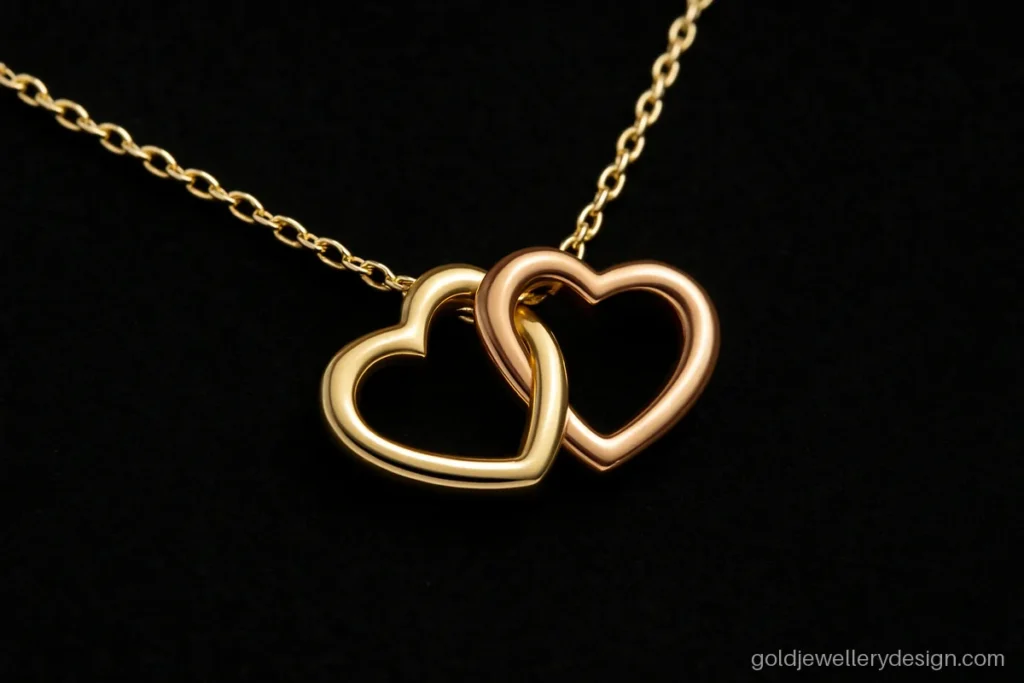 Two interlocked hearts in yellow and rose gold as a light pendant