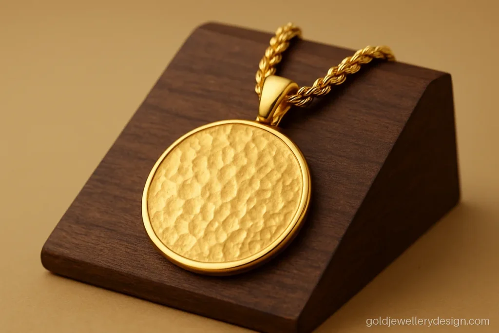 Thick round gold coin pendant for men with a hammered texture finish