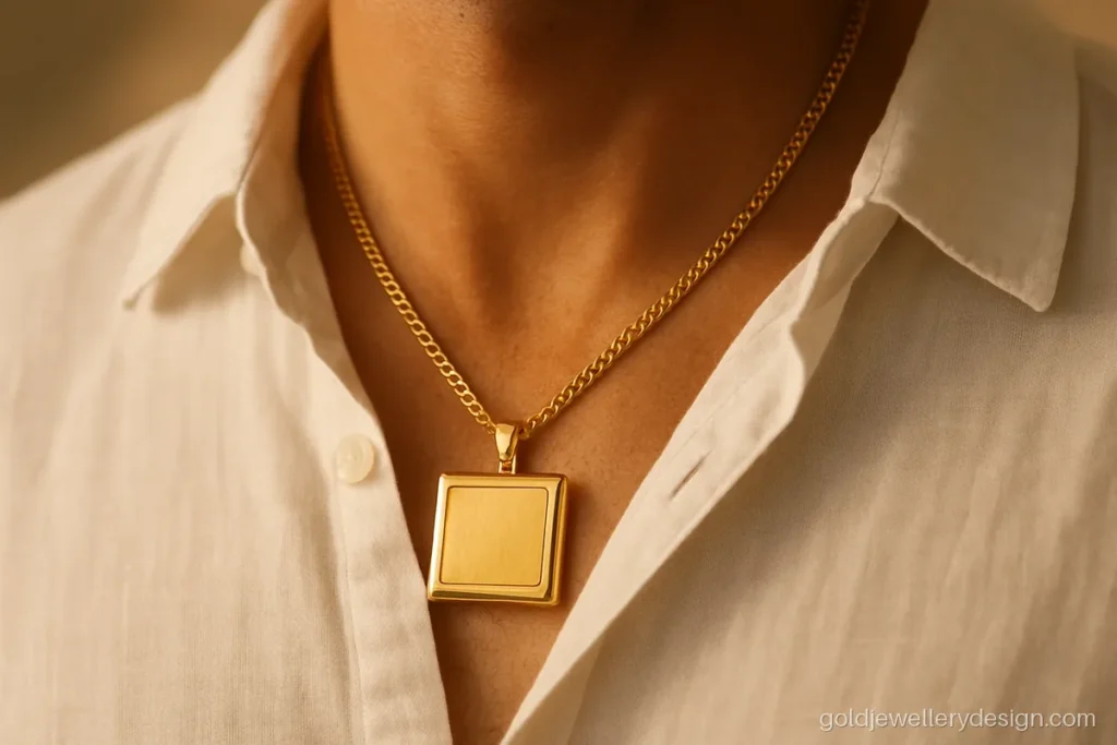 Square gold locket for men with a brushed centre and polished border