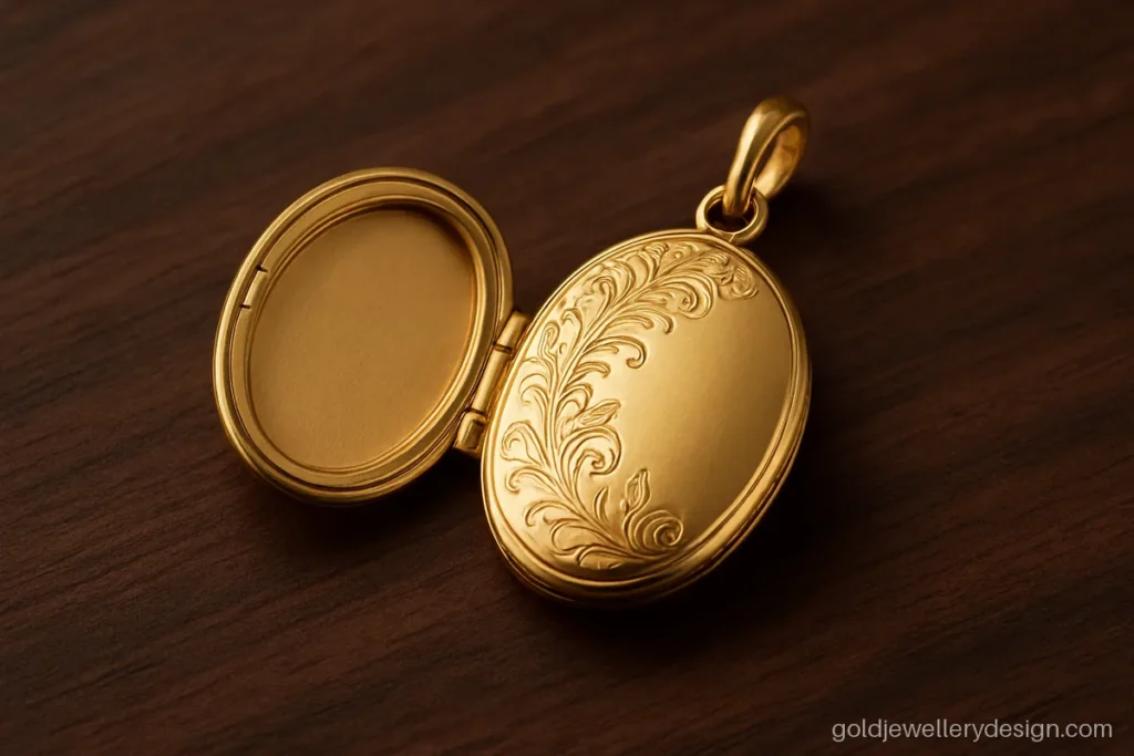 Oval gold locket design that opens, with hand engraved vines on the front