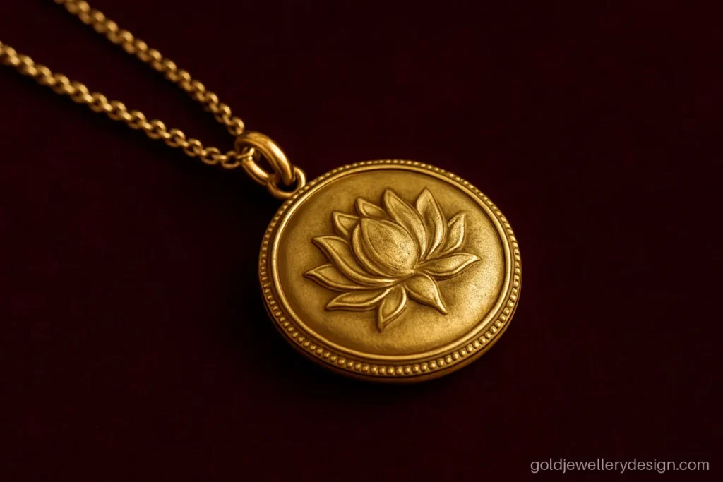 Stylish gold locket design, round with a raised lotus and fine beaded rim