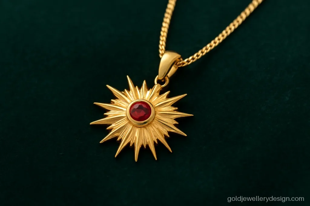 Round starburst gold dollar with a small ruby stone at the centre