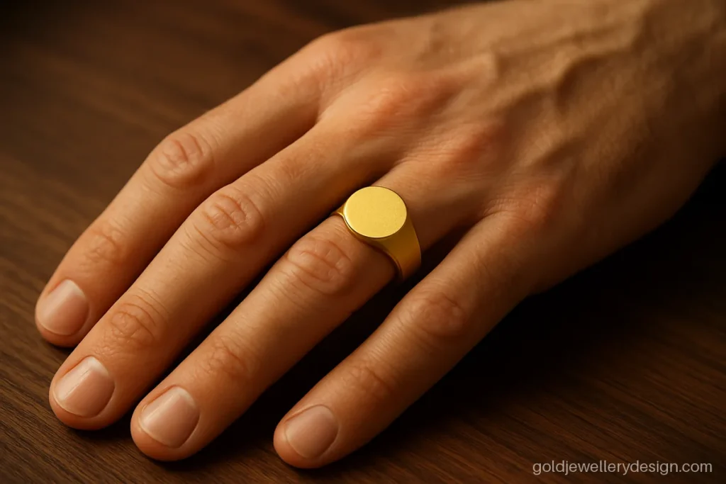 24k gold ring design for male, a simple coin top ring in soft pure gold