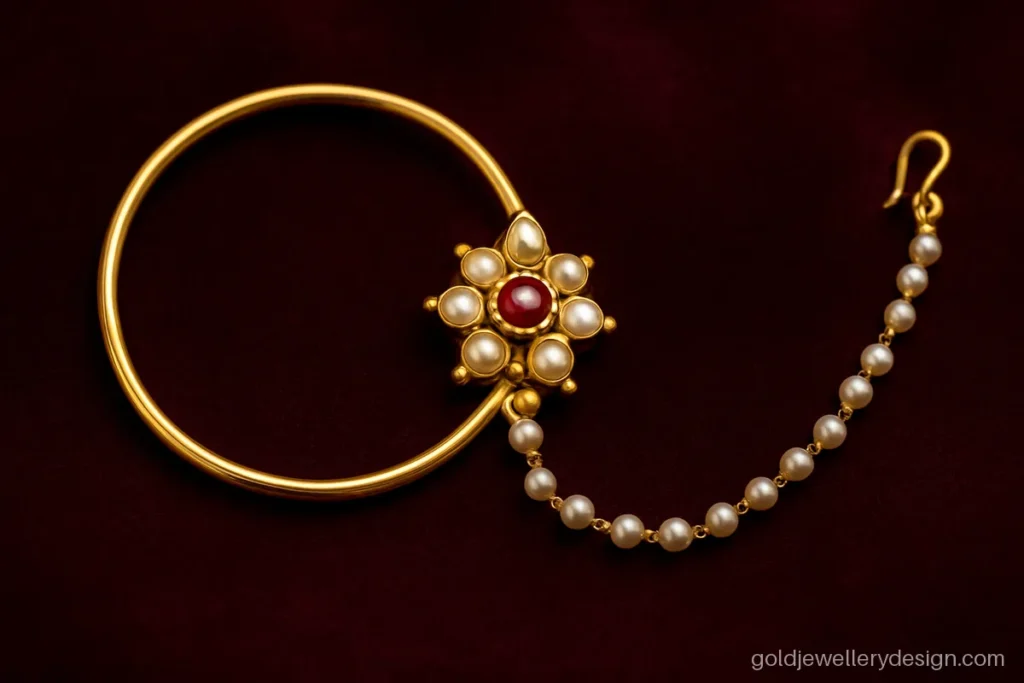 Wedding gold nath design with price based on gold, pearls and stones