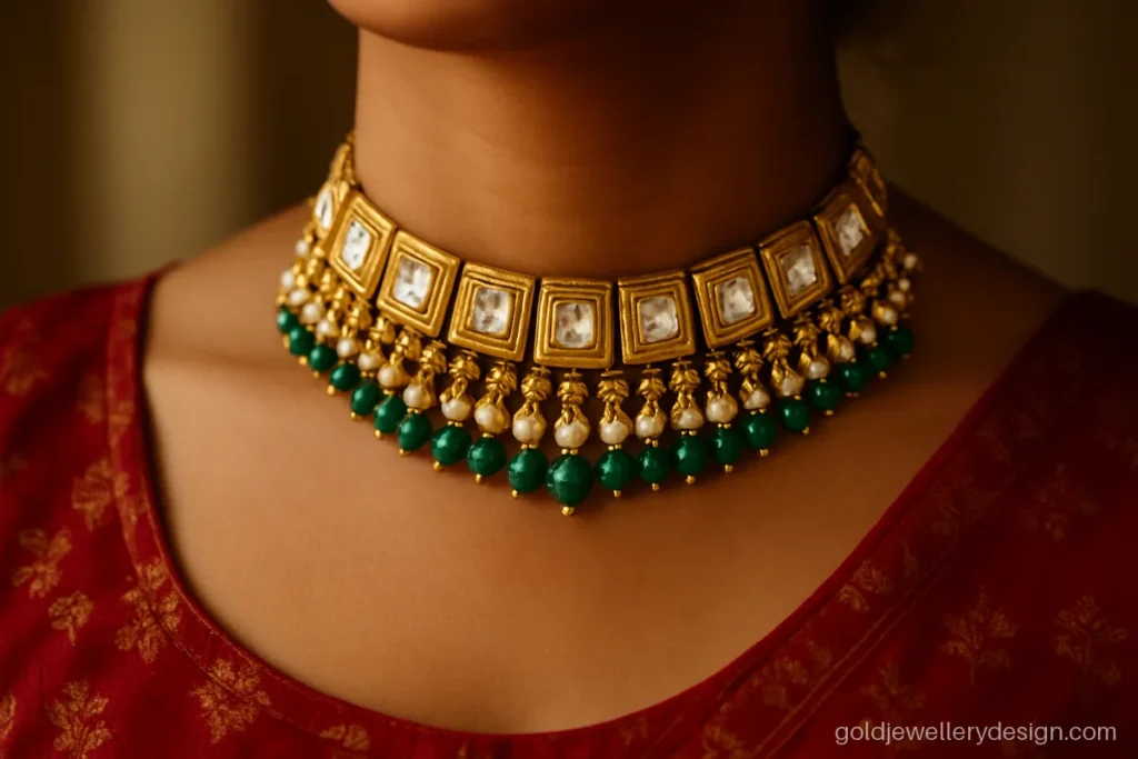 Rajputi aad necklace in gold with kundan-look plates and pearl fringe