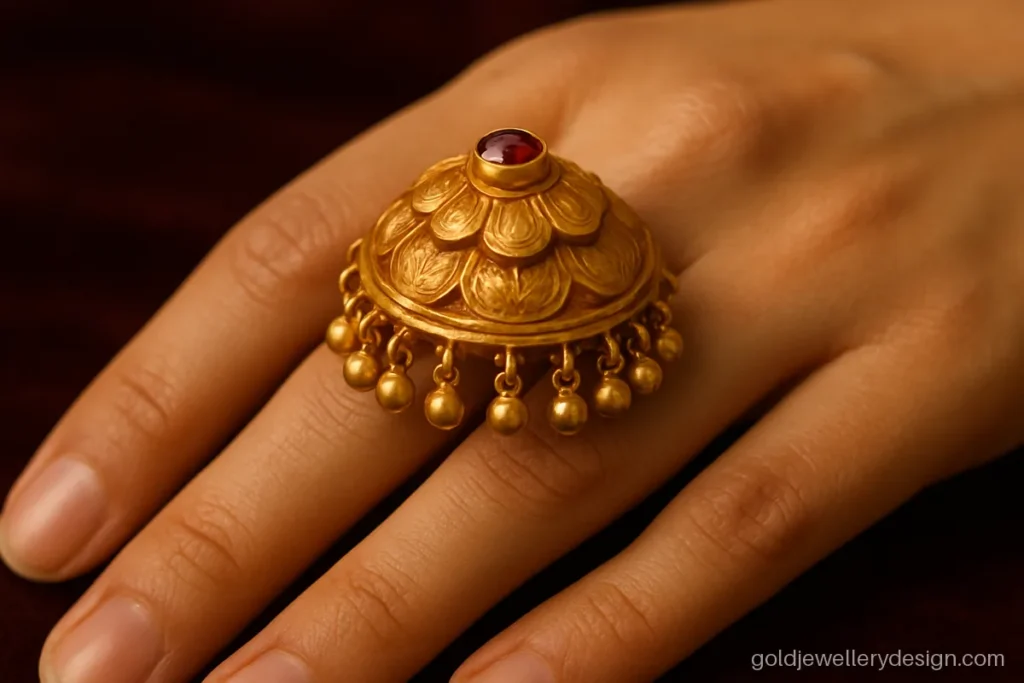 Bridal umbrella ring gold design with a layered dome and tiny ghungroo drops