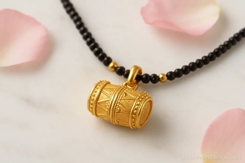 Dholna design gold, a small drum shaped pendant on a black bead thread