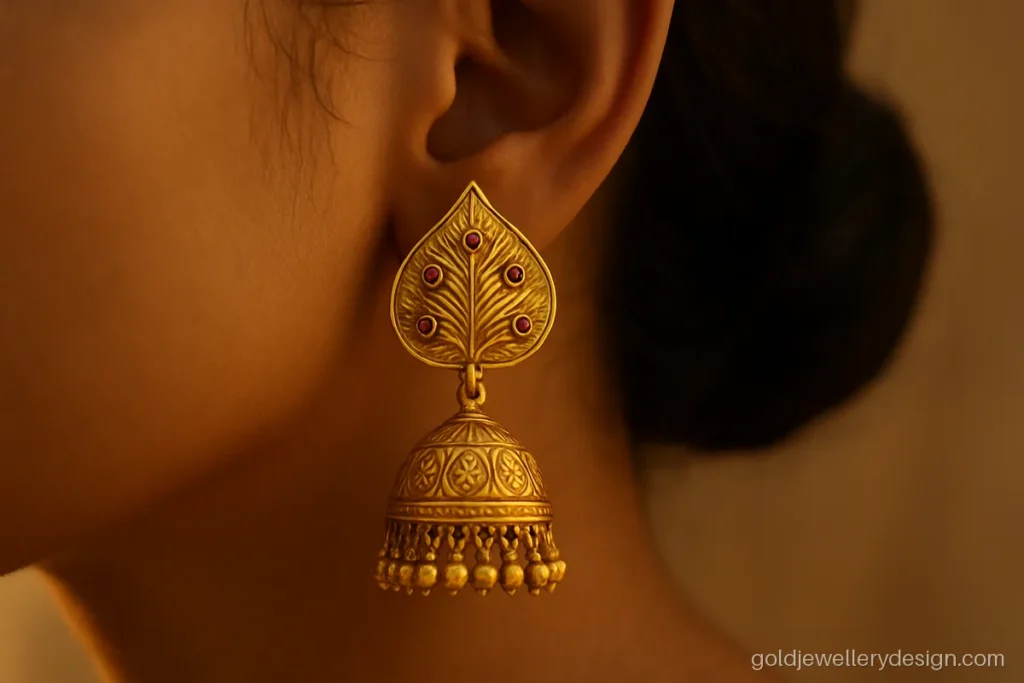 Rajputi earrings design gold with a leaf top and long jhumka bell