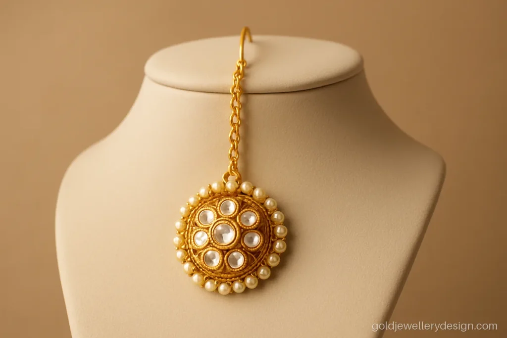 Gold new rakhdi design with a round kundan-look dome and pearl edge