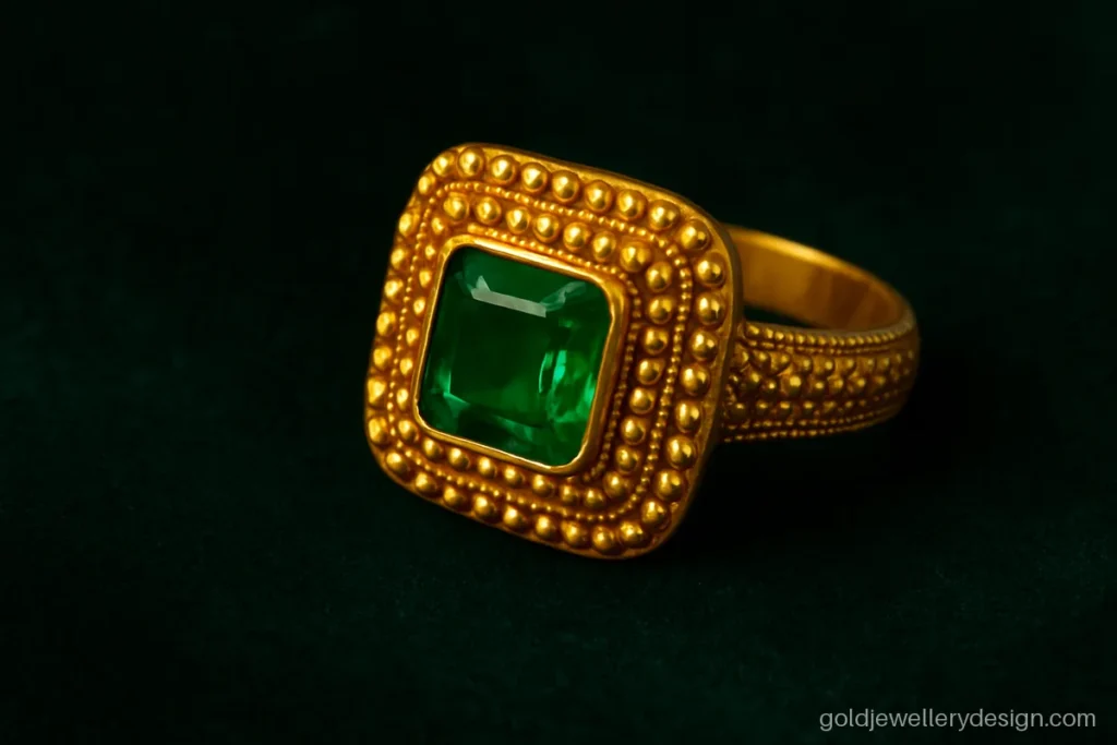 Lighter jodha ring design gold with a square emerald face and gold beading