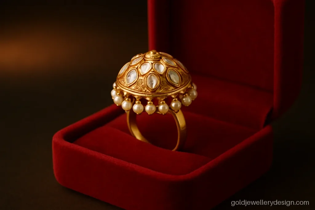 Rajwadi Rajputi umbrella ring gold design with kundan-look stones and pearl drops