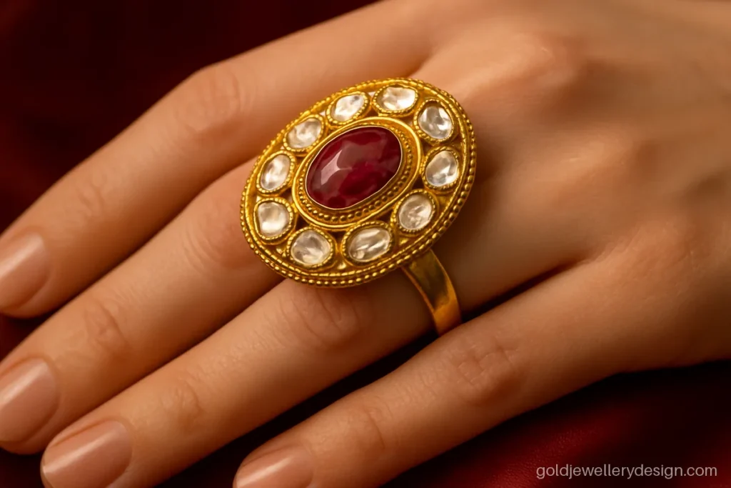 Wedding jodha ring design gold with a large oval of polki-look stones