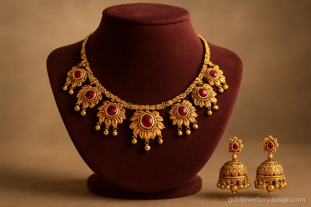 Wedding bridal gold set design with a lotus temple necklace and matching jhumkas