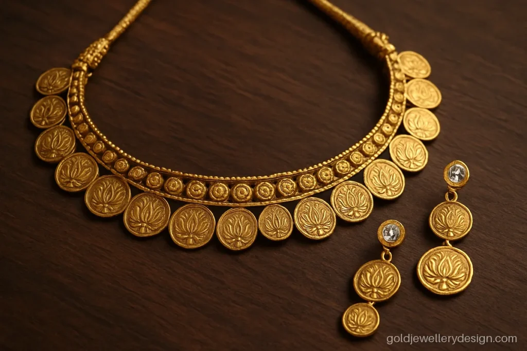 Gold necklace set design with a coin choker and matching coin earrings