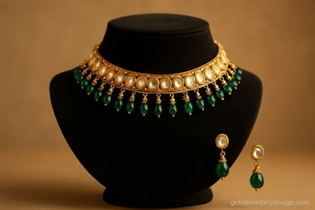 Necklace set gold design with a kundan-look choker band and emerald drops