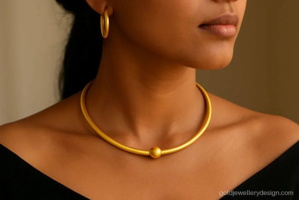 Gold design set with a modern matte pipe choker and matching hoops