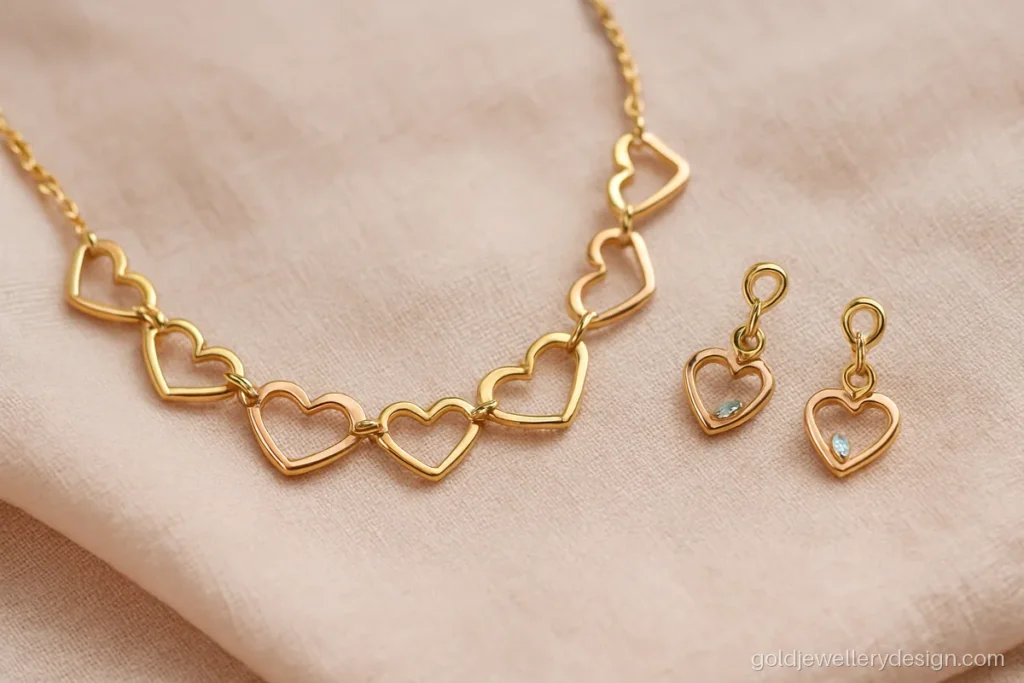 Kitty set in rose and yellow gold with linked hearts and small heart earrings