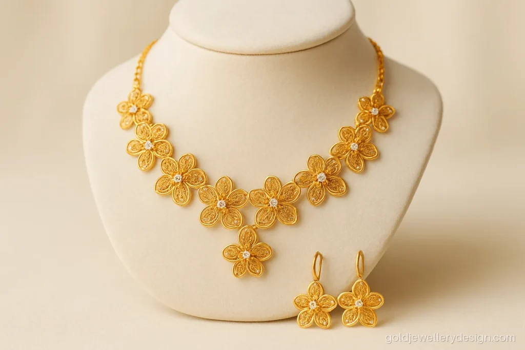 Light weight gold set design with a filigree flower collar and matching drops
