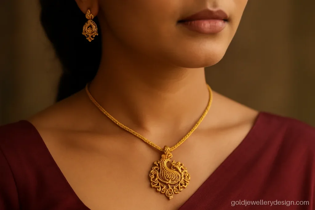 Antique pendant set gold new design with a peacock pendant and matching earrings