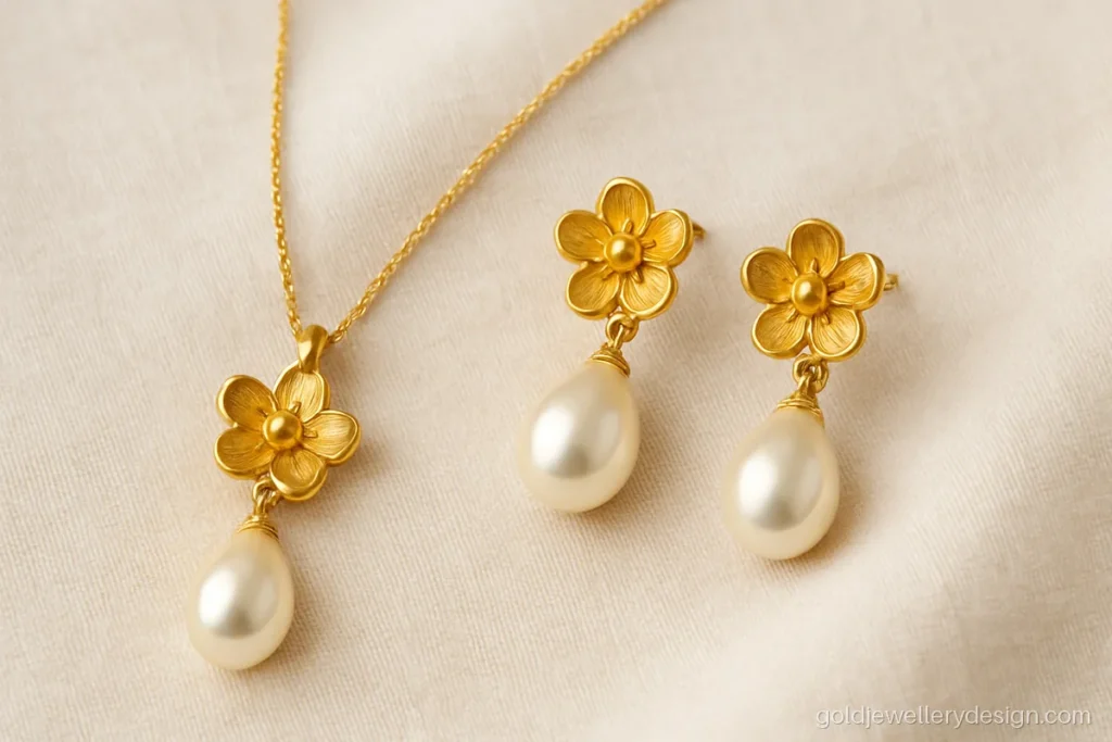 Moti set design in gold with a pearl teardrop pendant and pearl drop earrings