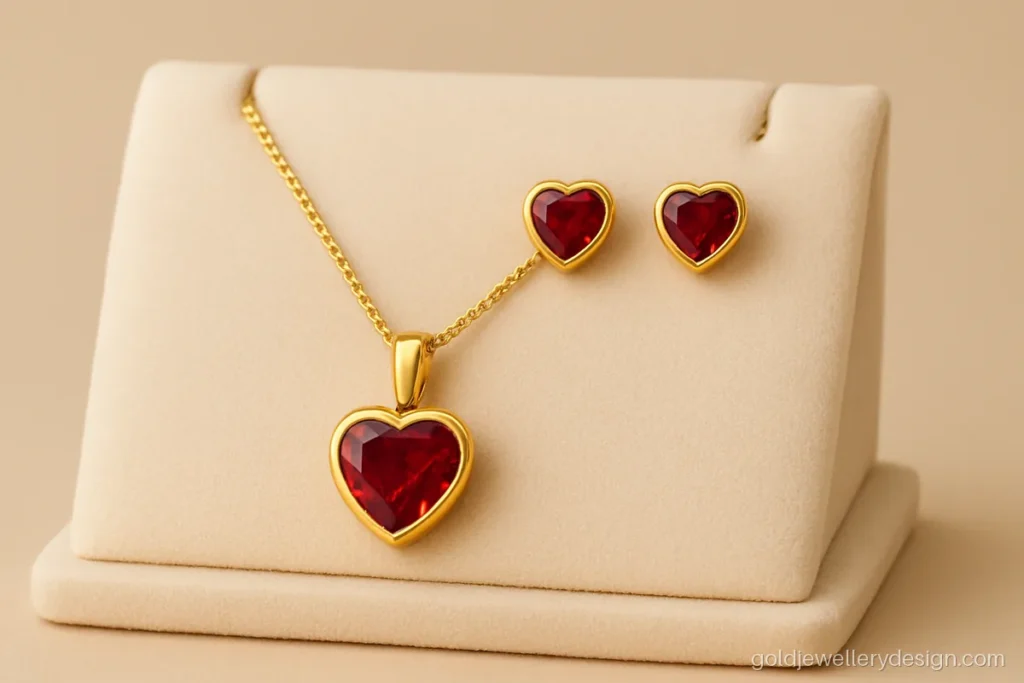 Simple pendant set with a ruby heart and matching ruby stud earrings