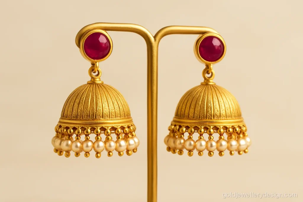 Kerala jimiki design gold with a dome bell, small pearl fringe and ruby top stud