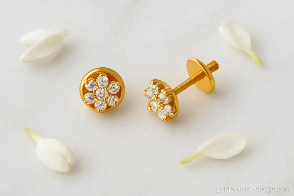 2 gram gold kammal design with a seven stone flower cluster and screw back