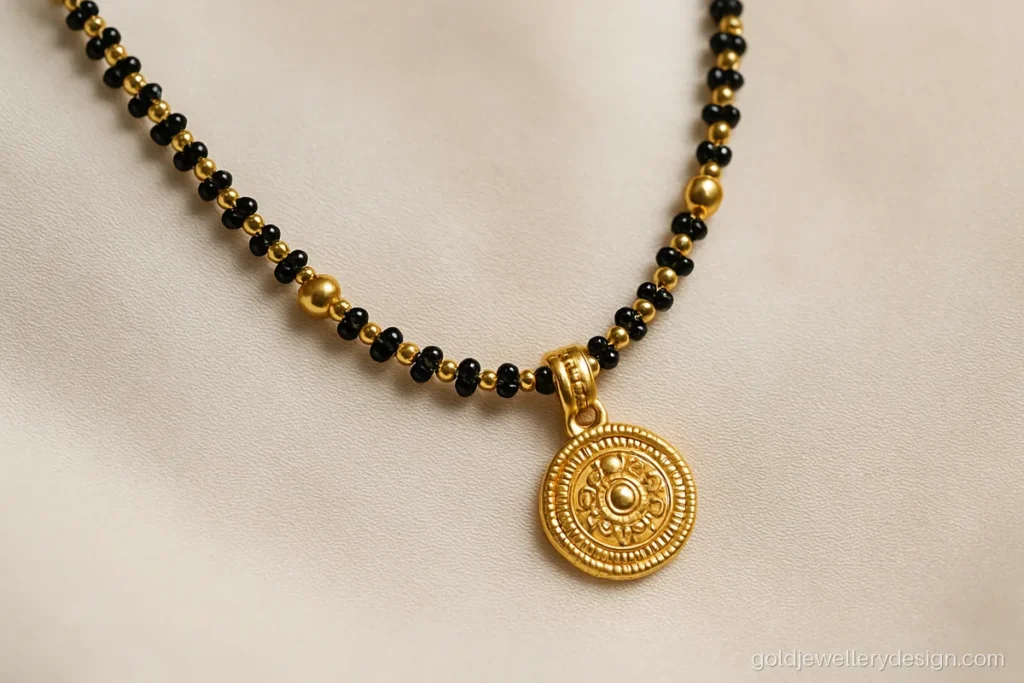 Karimani design gold with black beads and gold mani beads in a flat lay