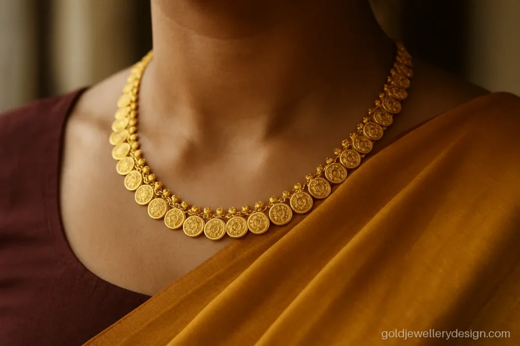 Kasu malai gold necklace worn with a mustard silk saree and plain blouse